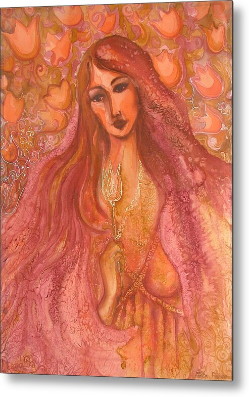 Silk Metal Print featuring the painting Autumn with Gold Flower by Rita Fetisov
