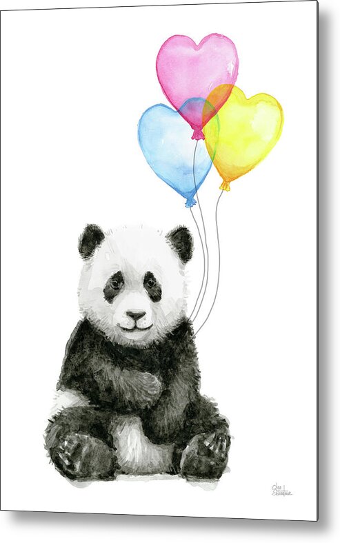 Baby Panda Metal Print featuring the painting Baby Panda with Heart-Shaped Balloons by Olga Shvartsur