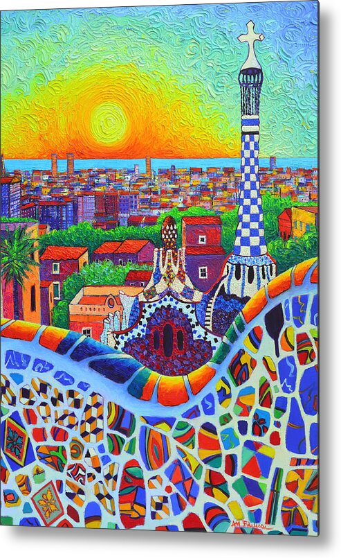 Barcelona Metal Print featuring the painting Barcelona Park Guell Sunrise Gaudi Tower Textural Impasto Knife Oil Painting By Ana Maria Edulescu by Ana Maria Edulescu