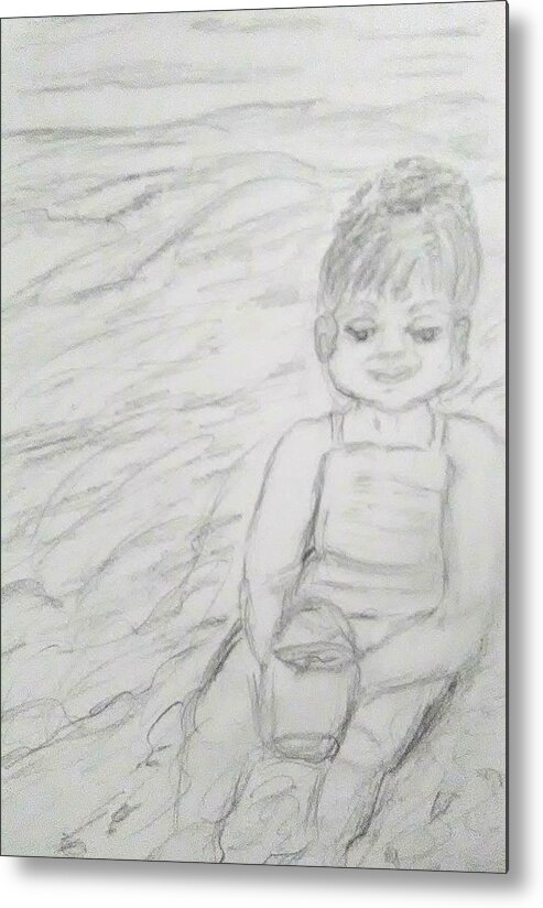 Children Metal Print featuring the drawing  Beach Baby by Suzanne Berthier