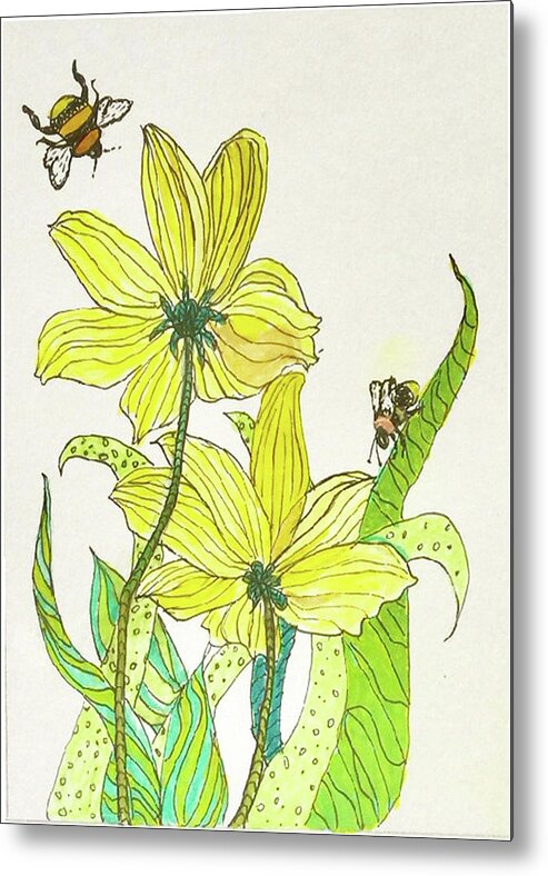Zentangle Metal Print featuring the drawing Bees and Flowers by Harriett Masterson