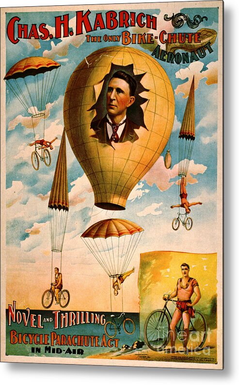 Bicycle Parachute Act 1896 Metal Print featuring the photograph Bicycle Parachute Act 1896 by Padre Art