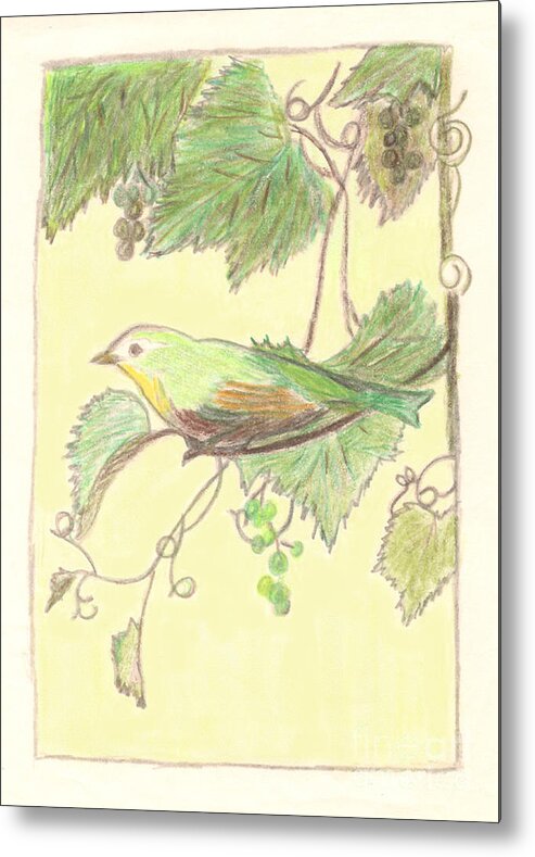 Bird On A Branch Metal Print featuring the drawing Bird on a Branch by Donna L Munro