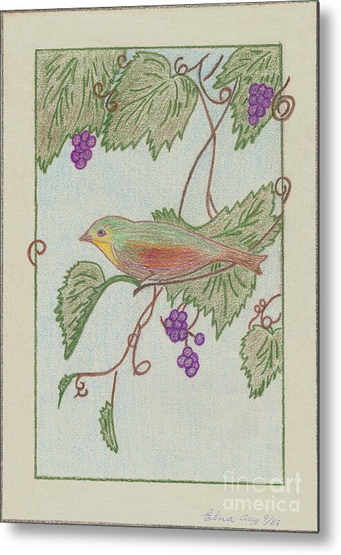 Portrait Metal Print featuring the drawing Bird on a Vine V2 by Donna L Munro