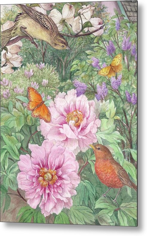 Illustrated Peony Metal Print featuring the painting Birds Peony Garden Illustration by Judith Cheng