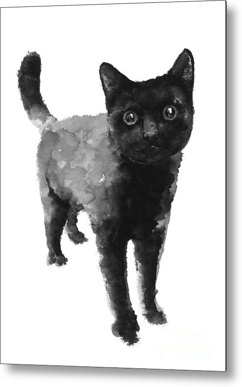 Cat Metal Print featuring the painting Black cat watercolor painting by Joanna Szmerdt