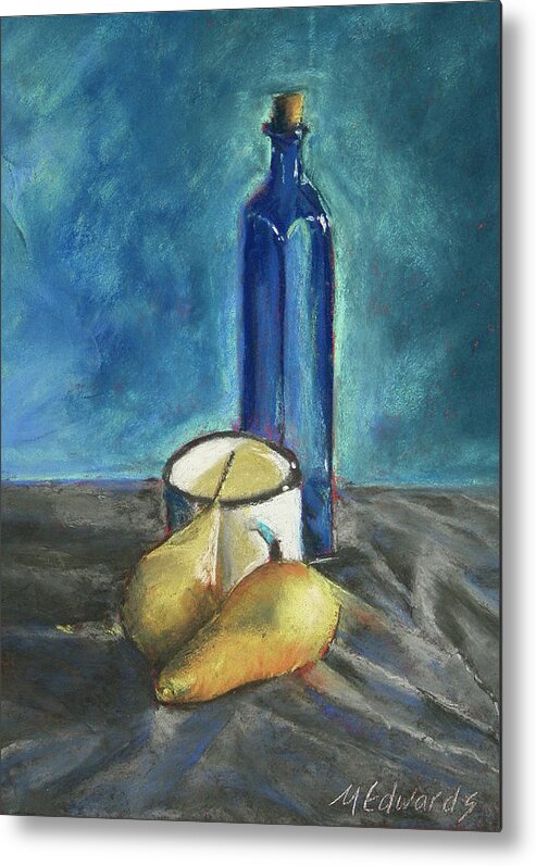 Hard Pastel Metal Print featuring the painting Blue Bottle and Pears by Marna Edwards Flavell