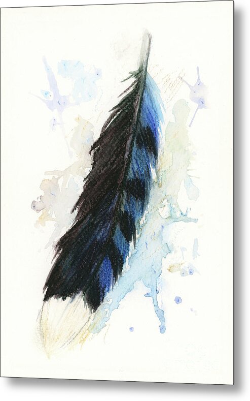 Watercolor Metal Print featuring the painting Blue Jay Feather Splash by Brandy Woods