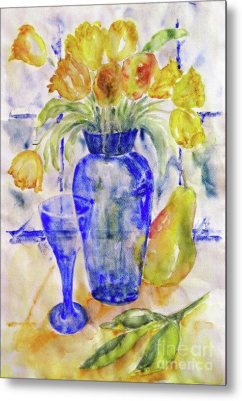 Tulips Metal Print featuring the painting Blue Vase by Jasna Dragun