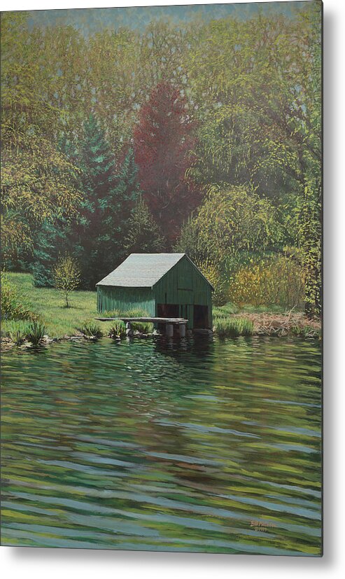 Boathouse Metal Print featuring the painting Boathouse on Langwater Pond by Bill McEntee