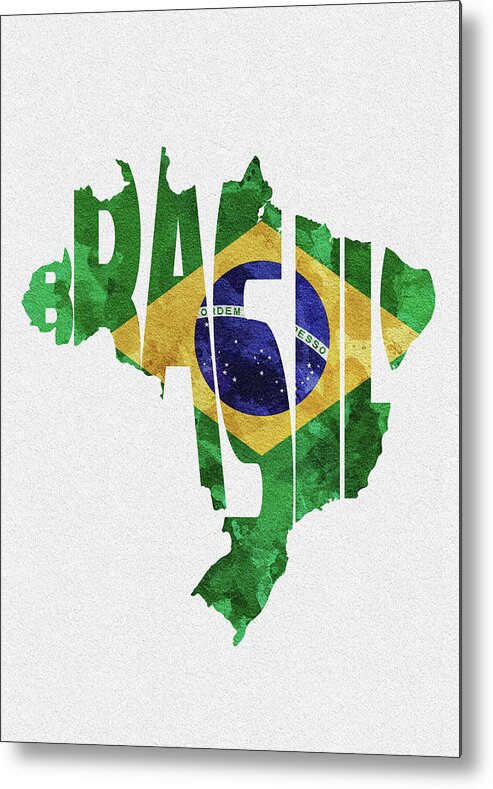 Brazil Metal Print featuring the digital art Brazil Typographic Map Flag by Inspirowl Design