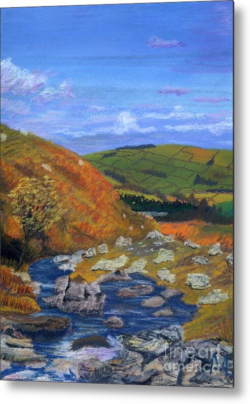 Brecon Beacons National Park Metal Print featuring the pastel Brecon Beacon National Park Hills and Stream by Edward McNaught-Davis