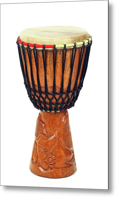 Djembe Metal Print featuring the photograph Carved African djembe drum by GoodMood Art