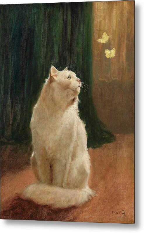 Arthur Heyer (1872-1931) Metal Print featuring the painting Cat And Butterflies by Arthur Heyer