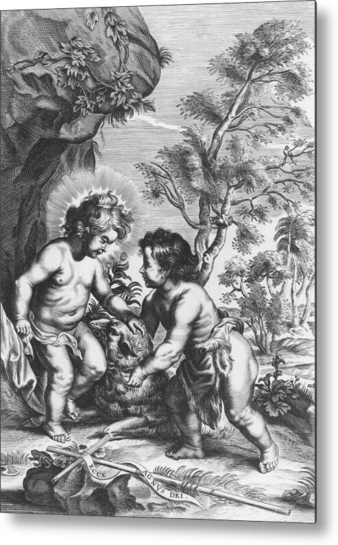 Jesus Metal Print featuring the drawing Christ and John the Baptist Behold the Lamb of God by Gaspar Huberti