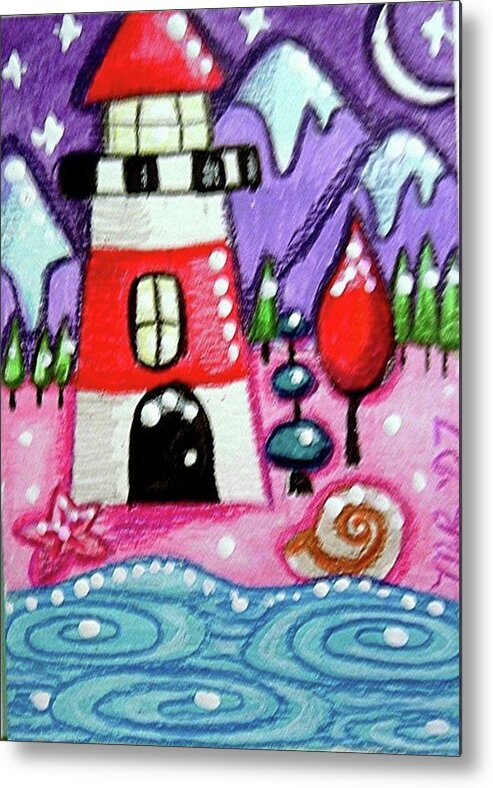 Lighthouse Metal Print featuring the painting Christmasy Lighthouse by Monica Resinger