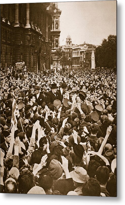 Churchill Metal Print featuring the photograph Churchill mobbed in Whitehall on VE Day by English School