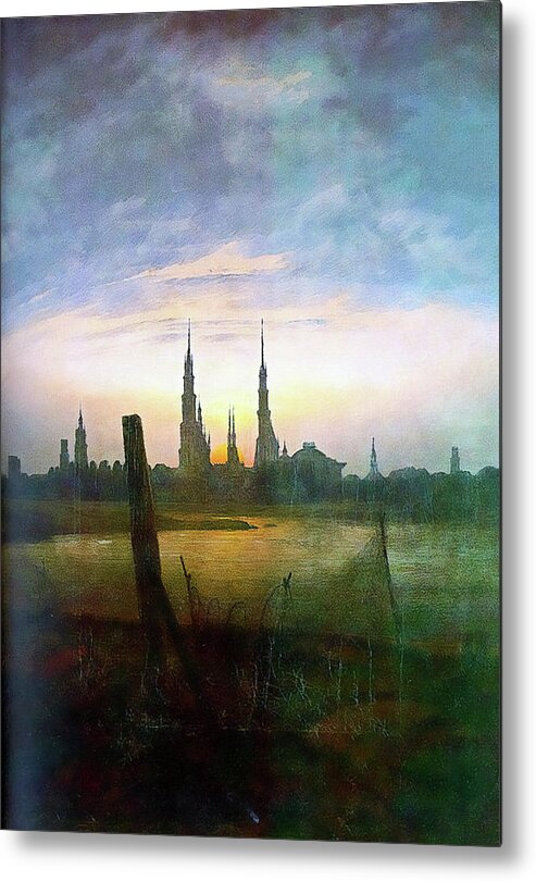 Landscape Metal Print featuring the painting City at Moonrise by Media Impasto Paper