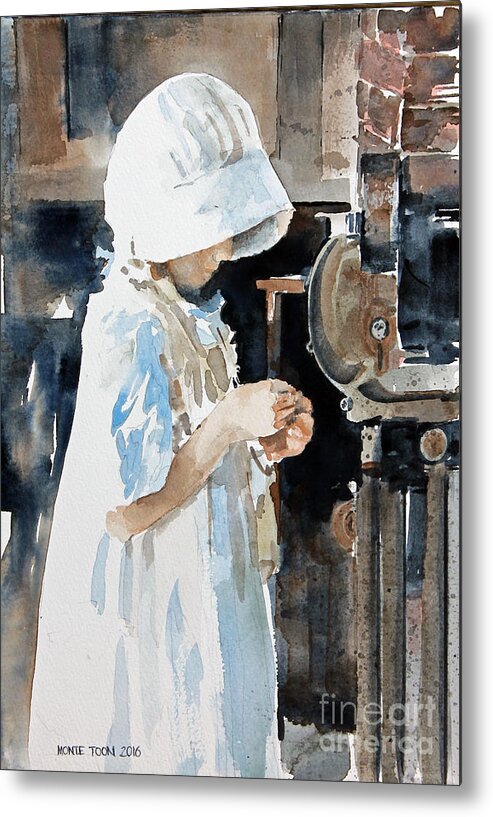 A Young Girl In An Apron And White Bonnet Examines Something She Has Found In A Blacksmith Shop In Calgary Metal Print featuring the painting Concentration by Monte Toon
