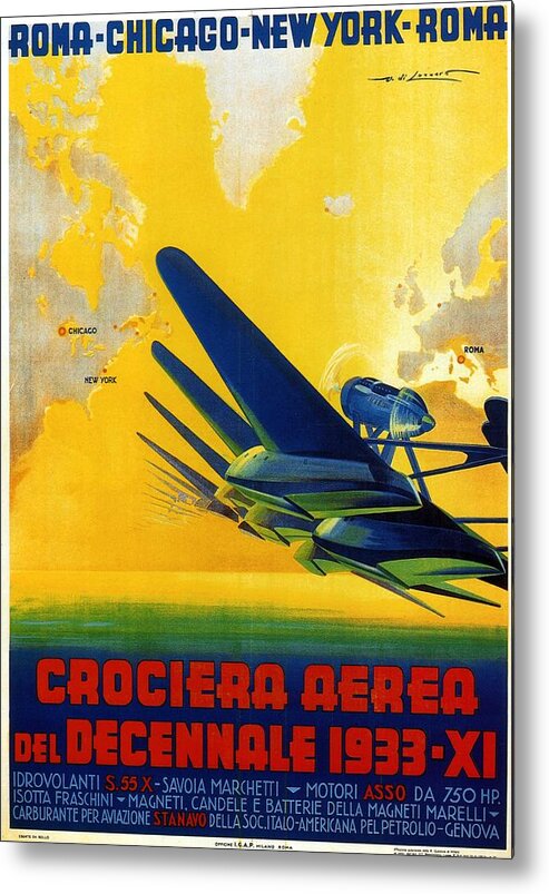 Old Cruise Metal Print featuring the mixed media Crociera Aerea Del Decennale 1933 - Airplane - Retro travel Poster - Vintage Poster by Studio Grafiikka