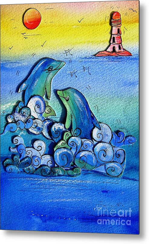 Childrens Art Metal Print featuring the painting Dolphins At Play by Mary Cahalan Lee - aka PIXI