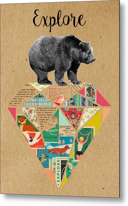 Explore Metal Print featuring the mixed media Explore Bear by Claudia Schoen
