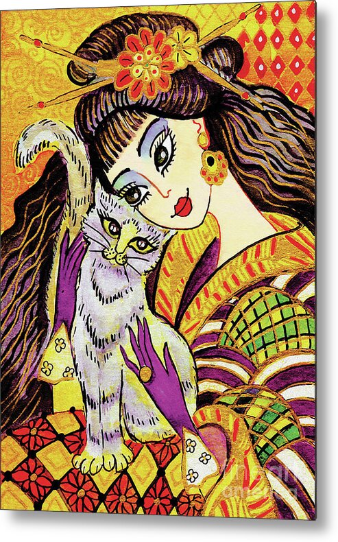 Woman And Cat Metal Print featuring the painting Feline Rhapsody by Eva Campbell