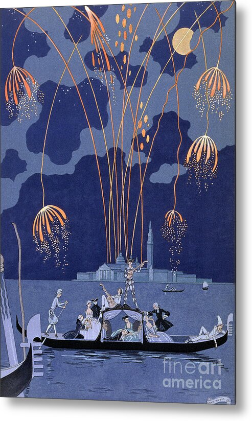 Art Deco; Stencil Metal Print featuring the painting Fireworks in Venice by Georges Barbier