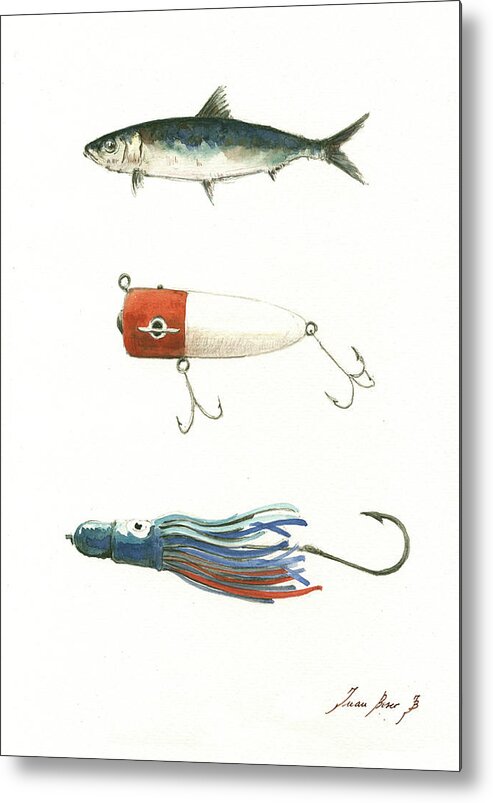 Saltwater Fishing Lures Metal Print featuring the painting Fishing lures by Juan Bosco