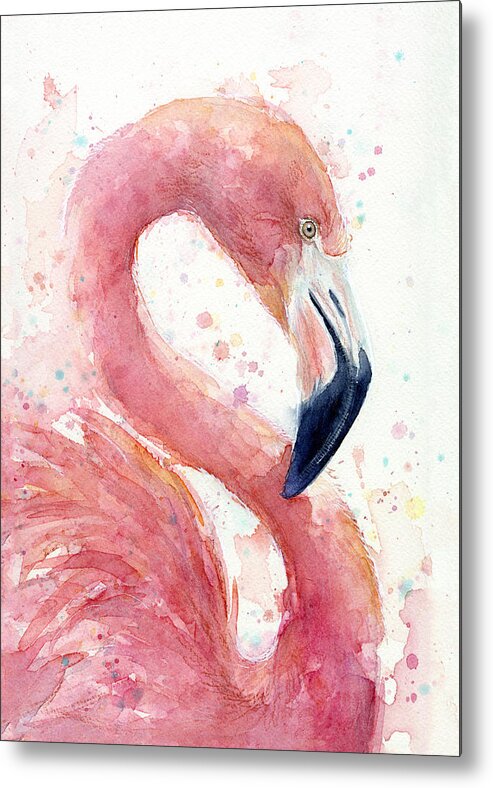 Watercolor Flamingo Metal Print featuring the painting Flamingo - Facing Right by Olga Shvartsur