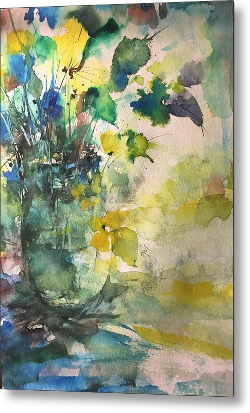 Base Metal Print featuring the painting Flower and Vase Stilllife by Robin Miller-Bookhout