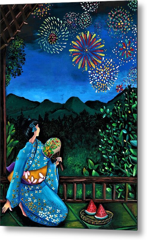 Fireworks Metal Print featuring the painting Flowers in the sky - the summer night hanabi delight by Tara Krishna