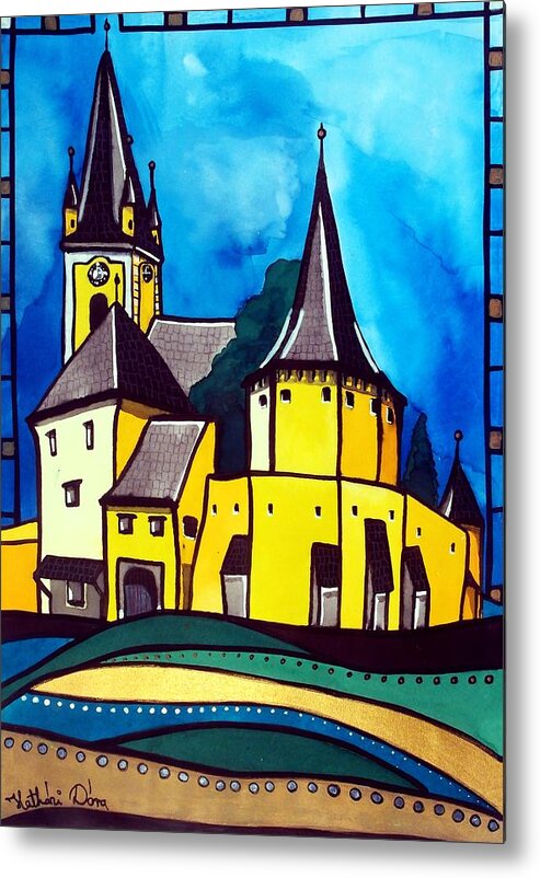 Medieval Metal Print featuring the painting Fortified Medieval Church in Transylvania by Dora Hathazi Mendes by Dora Hathazi Mendes