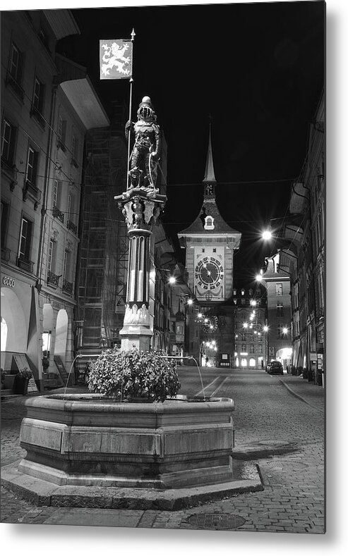 Medieval Fountain Metal Print featuring the photograph Fountain and the Zytglogge by Matt MacMillan