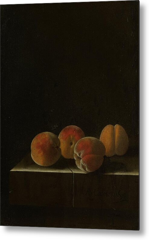 Four Apricots Metal Print featuring the painting Four Apricots on a Stone Plinth by Vincent Monozlay