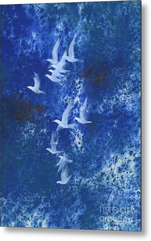 A Flight Of Doves Flying In Blue Sky. This Is A Contemporary Chinese Ink And Color On Rice Paper Painting With Simple Zen Style Brush Strokes.  Metal Print featuring the painting Free by Mui-Joo Wee