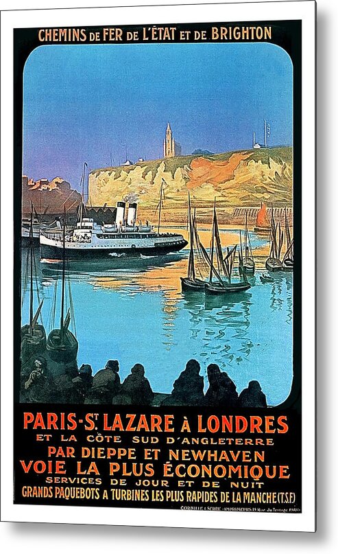 French Riviera Metal Print featuring the painting French riviera, people on the coast, travel poster by Long Shot