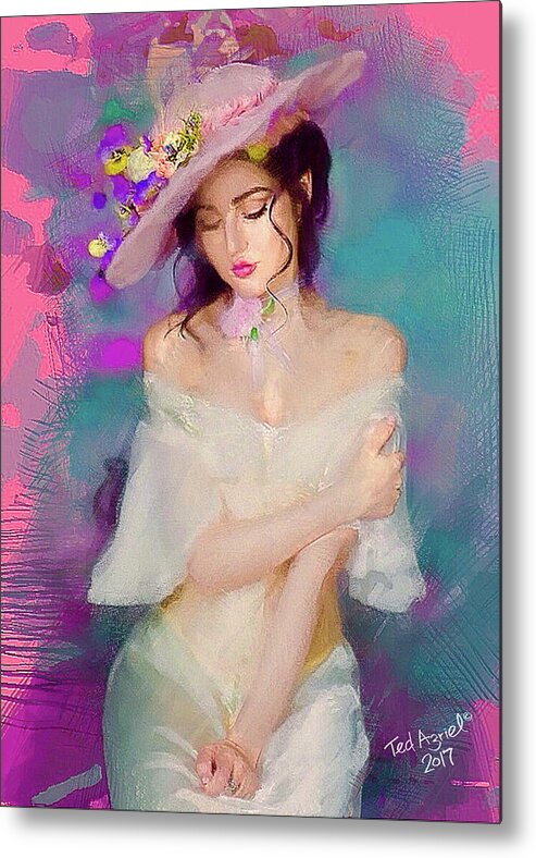 Floral Metal Print featuring the digital art Girl With The Floral Hat by Ted Azriel