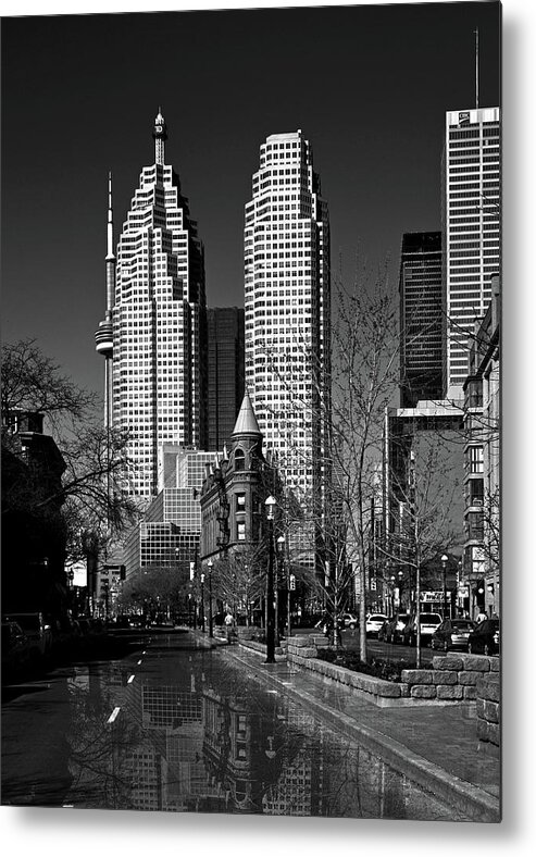 Toronto Metal Print featuring the photograph Gooderham Flatiron Building And Toronto Downtown Reflection by Brian Carson
