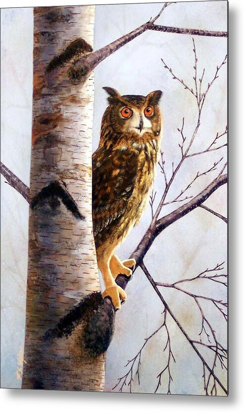 Great Horned Owl In Birch Metal Print featuring the painting Great Horned Owl In Birch by Frank Wilson