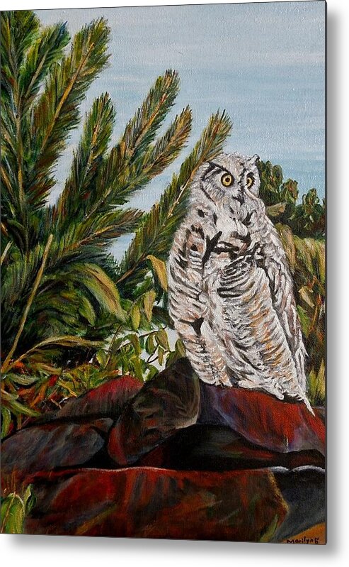 Great Horned Owl Metal Print featuring the painting Great Horned Owl - Owl on the rocks by Marilyn McNish