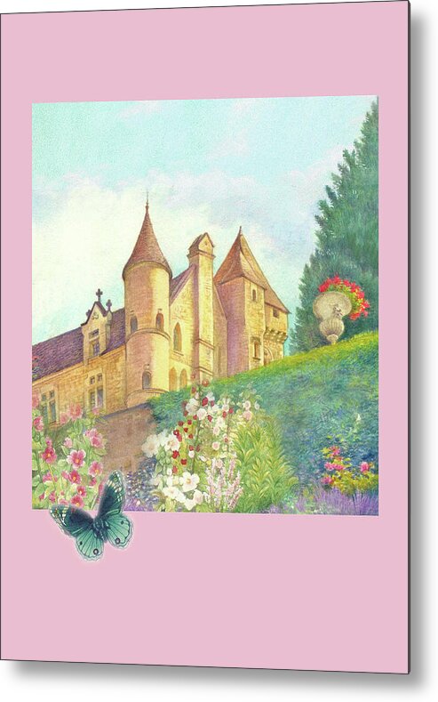 Romantic Castle Metal Print featuring the painting Handpainted Romantic Chateau Summer Garden by Judith Cheng