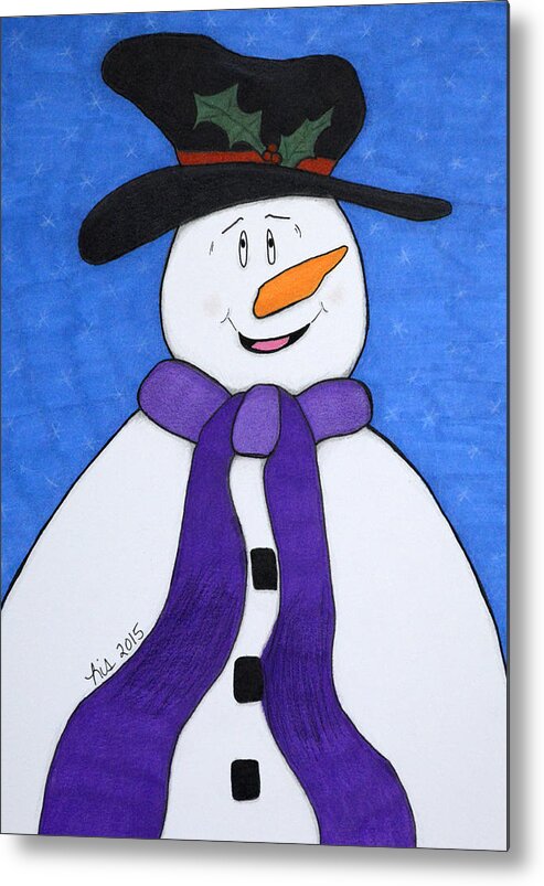 Snowman Metal Print featuring the drawing Happiness Snowman by Lisa Blake