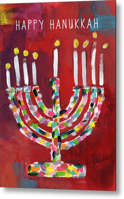 Hanukkah Metal Print featuring the painting Happy Hanukkah Colorful Menorah Card- Art by Linda Woods by Linda Woods