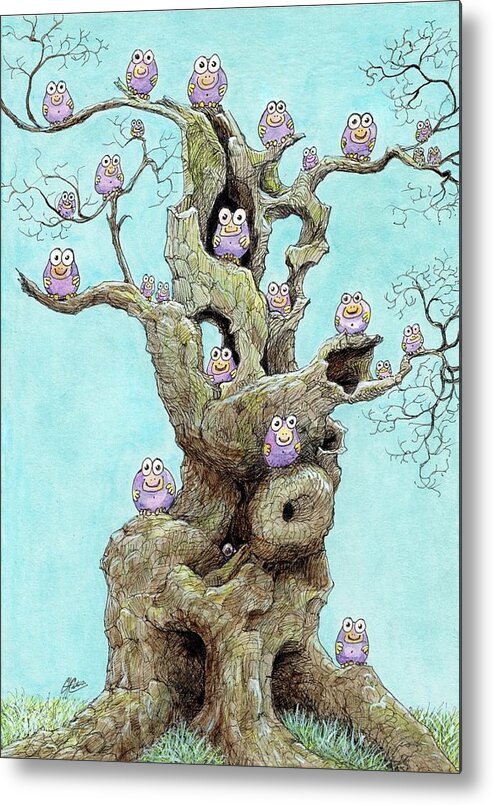 Crazy Creatures Tree Fantasy Whimsical Purple Blue Branches Child Children Imaginary Metal Print featuring the drawing Hatchlings by Charles Cater