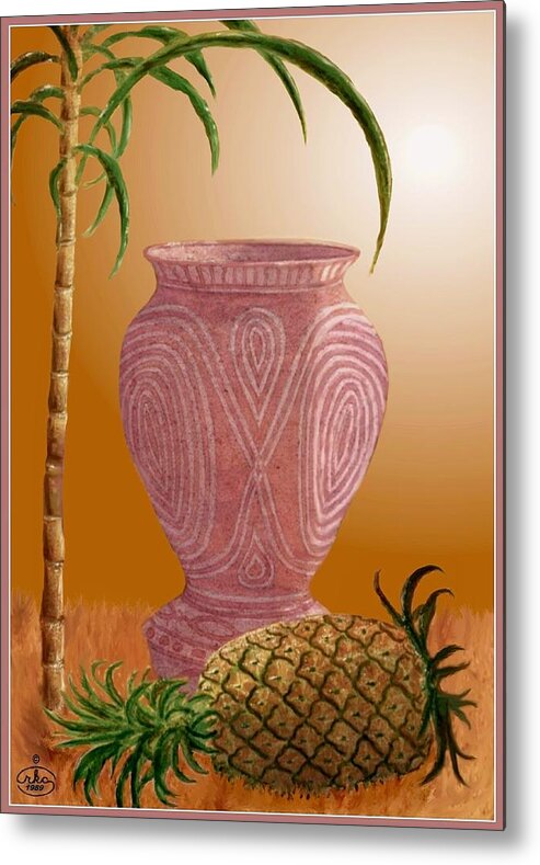 Hawaiian Hawaii Pineapple Bamboo Sunset Backlit Pot Jug Pottery Still Life  Sundown Dawns The Of To And A In Is It You He Was For On Are As I His Be One Or Had By We Can All Up An She Do If So Her With That They Have But Were Then Word Make Like Our Rkc Ron Ronald K Chambers Seascape Landscape Coastal Sunset Twilight Dawn Palm Tree Sailboat Sail Boat Scape Breakers Waves Wave Beach Beaches Lounge Chair Seagull Hawaii Hawaiian Sunrise Waves Yacht Tropical Plants Flowers Evening  Metal Print featuring the painting Hawaiian Pineapple by Ron Chambers