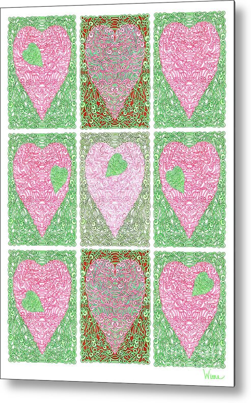 Lise Winne Metal Print featuring the digital art Hearts Within Hearts in Green and Pink by Lise Winne