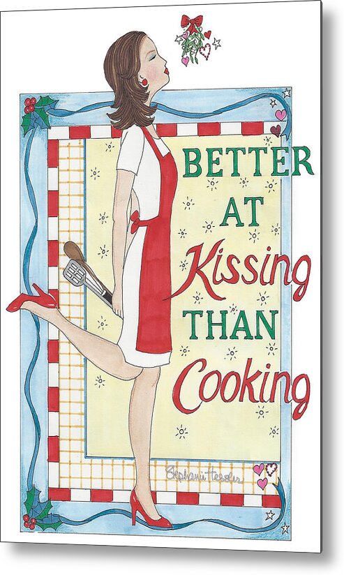 Holiday Metal Print featuring the mixed media Holiday Kissing Cooking by Stephanie Hessler