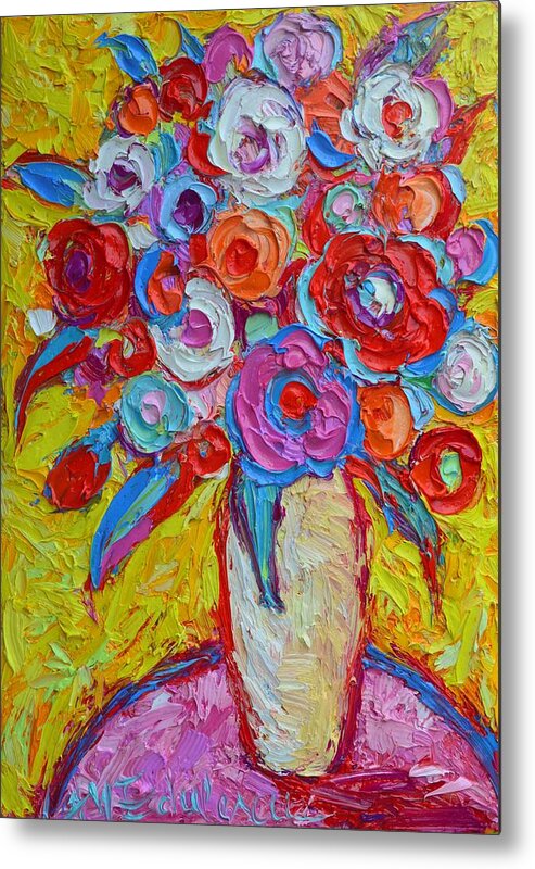 Abstract Metal Print featuring the painting Impasto Spring Flowers Abstract Colorful Impressionist Palette Knife Oil Painting Ana Maria Edulescu by Ana Maria Edulescu