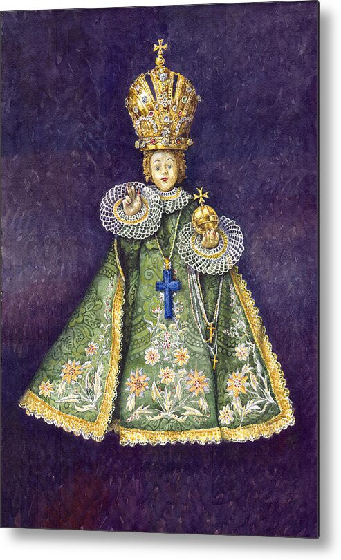 Watercolour Metal Print featuring the painting Infant Jesus of Prague by Yuriy Shevchuk